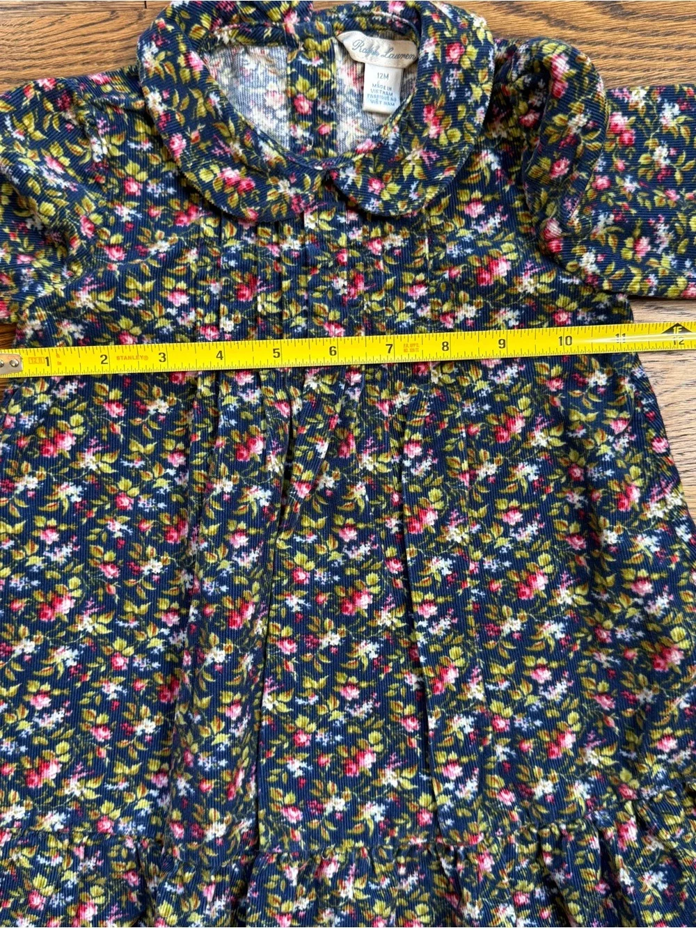 Ralph Lauren Girls Navy Calico Floral Ruffled Hem Corduroy Long Sleeve Dress 12M